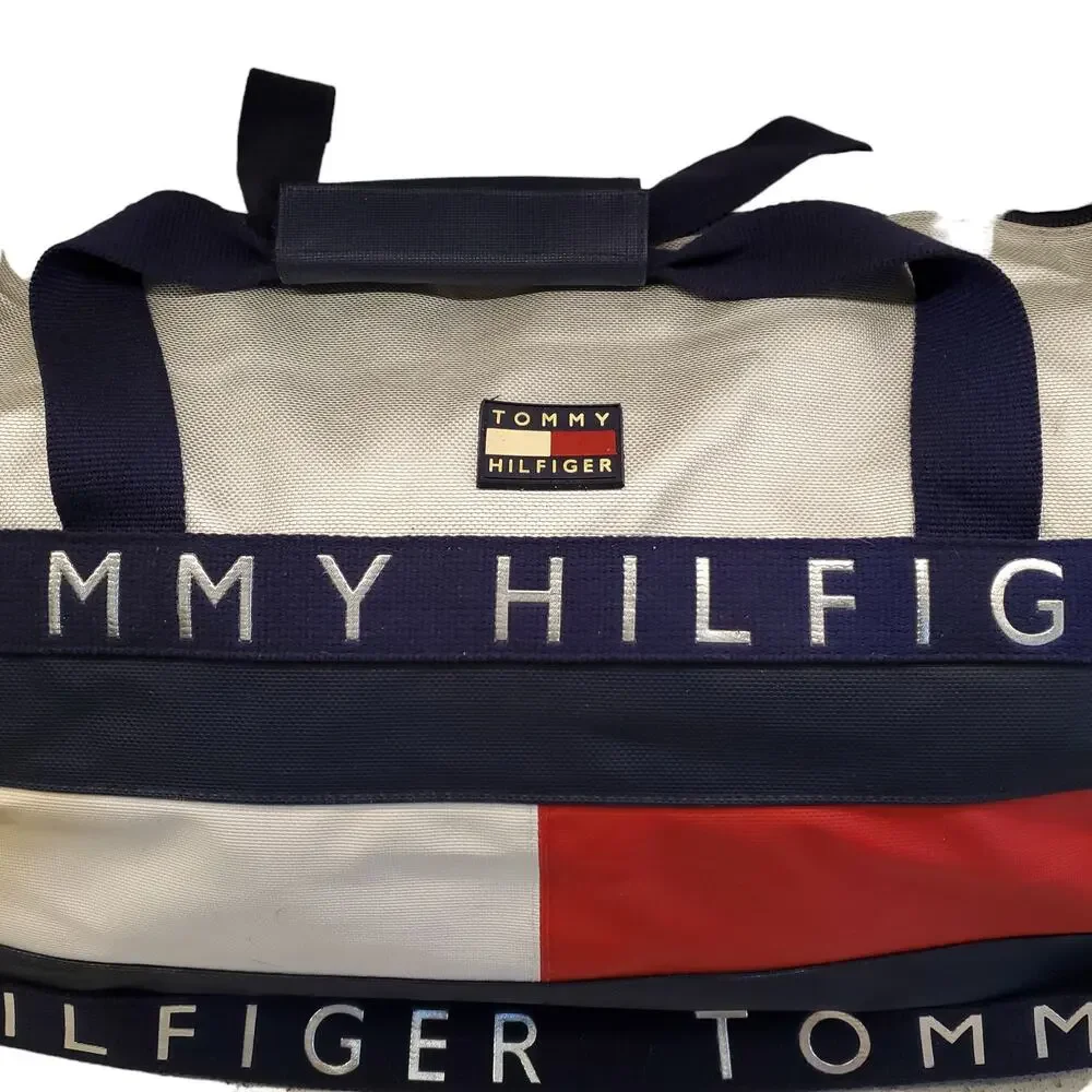 Tommy Hilfiger Color Block Spell Out Logo Flag Duffle Gym Bag Large Vintage 90s